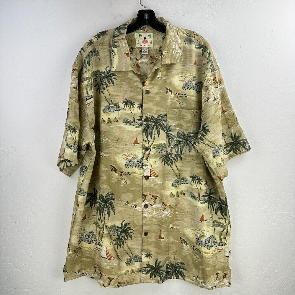 Vintage Joe Marlin Shirt Mens XL Cream Hawaiian‎ Tropical Button Up Textured